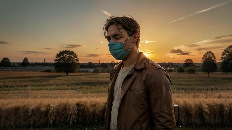 a man with his face covered in tears. The backdrop is a field of brown grass, with a wooden fence in the distance. the sky above is bright orange, casting a warm glow over the scene.