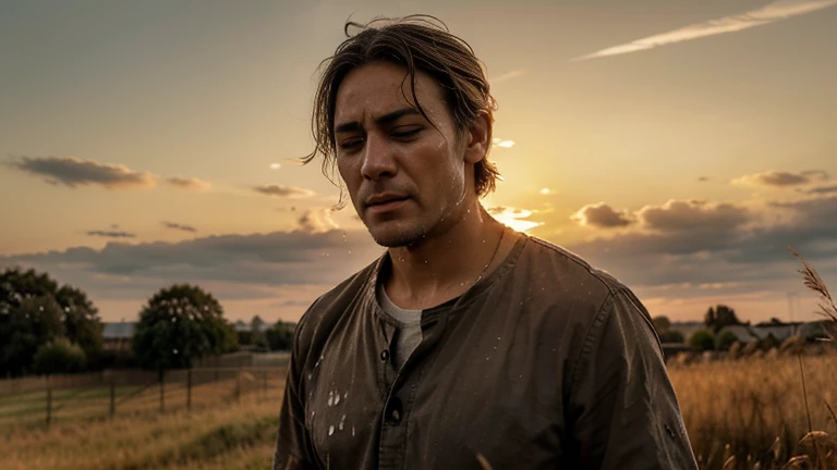 a man with his face covered in tears. The backdrop is a field of brown grass, with a wooden fence in the distance. the sky above is bright orange, casting a warm glow over the scene.