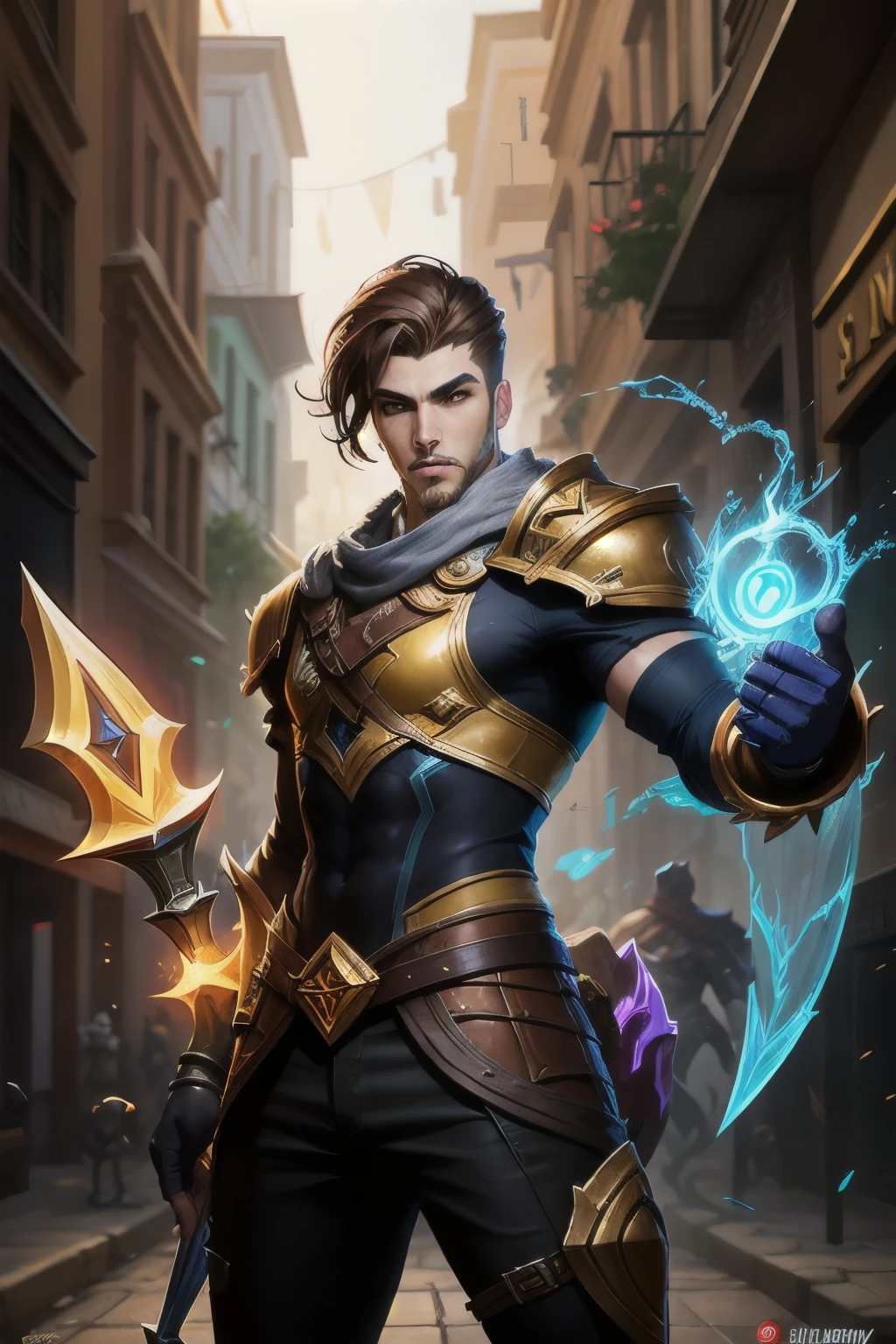 Art style of a man with a yellow and gray sword, with brown hair, black fitted clothing, in town, iconic initial character art, Official splash art, initial character art, arte inicial de League of Legends, arte inicial de League of Legends, pose de herói iluminação do sol in town, splash art, league of legends style art, Estilo de arte de League of Legends, riot background, riot game concept art