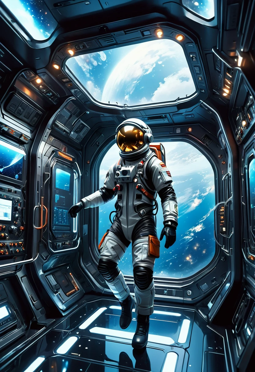 a futuristic astronaut in a space capsule, Control panel, high-tech interior, metal and glass materials, atmospheric lighting, dramatic cinematic composition, intricate details, photorealistic, concept art style,float。Suspension。weightlessness。