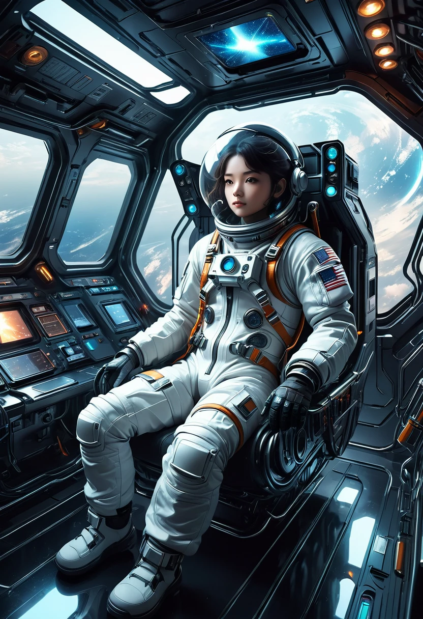 a futuristic astronaut in a space capsule, Control panel, high-tech interior, metal and glass materials, atmospheric lighting, dramatic cinematic composition, intricate details, photorealistic, concept art style，float。Suspension。weightlessness。