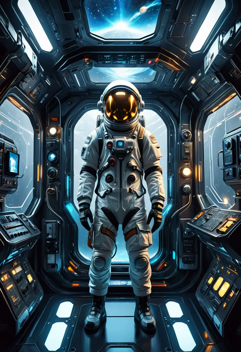 a futuristic astronaut in a space capsule, Control panel, high-tech interior, metal and glass materials, atmospheric lighting, dramatic cinematic composition, intricate details, photorealistic, concept art style,float。Suspension。weightlessness。