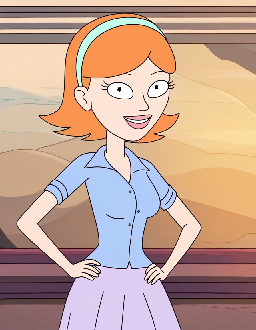 score_9, 1 girl, solo, standing, smile, hands on hips, looking on viewer, Jessica, orange hair, hairband, short hair, purple skirt skirt, blue shirt, black pupils