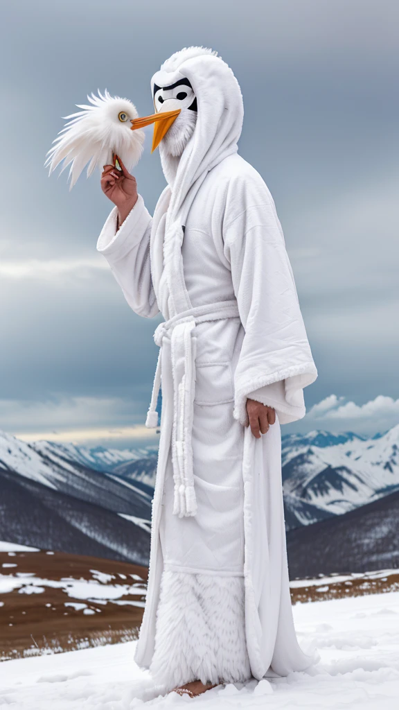 By bebebebebe, by lostgoose, by goonie-san, thin 20 foot tall humanoid creature, ((long white flowing yeti robe, bird stork mask, long white beak, long flowing plumage)), standing on a snowy plateau, on a snow-covered a siberian mountain, arctic, cryptozoology, overcast, moody, horror,big booty