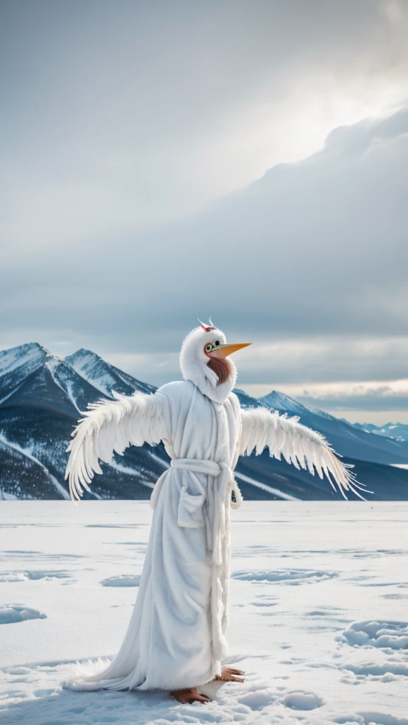 By bebebebebe, by lostgoose, by goonie-san, thin 20 foot tall humanoid creature, ((long white flowing yeti robe, bird stork mask, long white beak, long flowing plumage)), standing on a snowy plateau, on a snow-covered a siberian mountain, arctic, cryptozoology, overcast, moody, horror,big booty