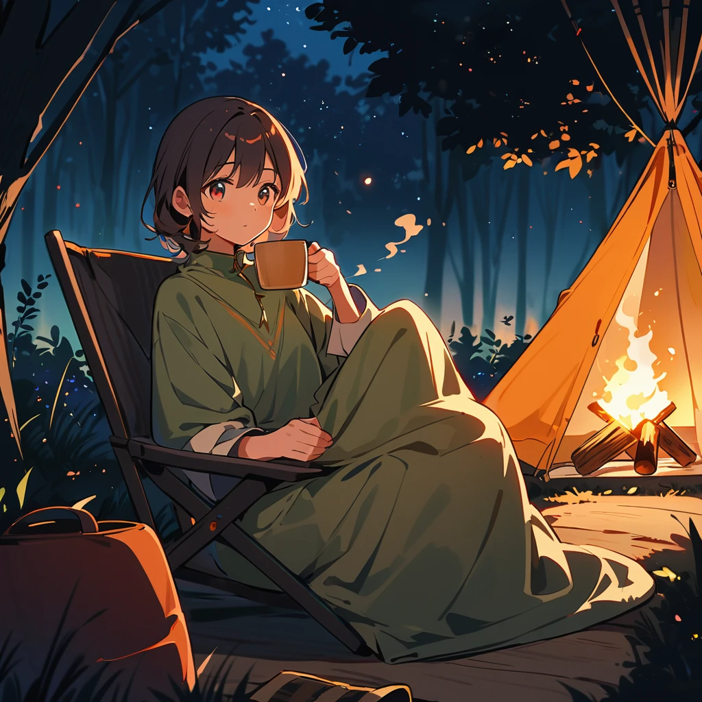 Outdoor,night,Boy sitting by a campfire,Beautiful eyes and face,tent,Pleasant atmosphere,Warm Light,A night sky full of stars,Crackling fire,The background is a forest,Natural scenery,peaceful安详,Smoke rising from the fire,relax,comfortable camping chair,Hand holding a mug of hot coffee,A soft blanket on your lap,The delicate details of youth'Clothes,Subtle warm colors,surrounded by nature,peaceful,Overnight camping,An unforgettable experience、Silver Hair、Fox ears、Fox's Tail