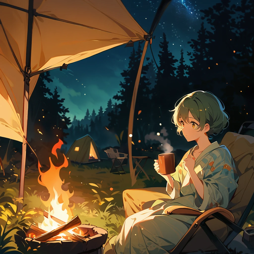 Outdoor,night,Boy sitting by a campfire,Beautiful eyes and face,tent,Pleasant atmosphere,Warm Light,A night sky full of stars,Crackling fire,The background is a forest,Natural scenery,peaceful安详,Smoke rising from the fire,relax,comfortable camping chair,Hand holding a mug of hot coffee,A soft blanket on your lap,The delicate details of youth'Clothes,Subtle warm colors,surrounded by nature,peaceful,Overnight camping,An unforgettable experience、Silver Hair、Fox ears、Fox's Tail