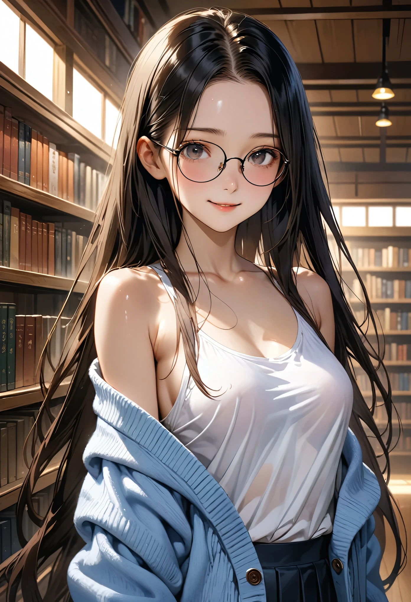 ((masterpiece,Highest quality;1.3,best illustration,realistic)),1woman、独奏,22 year old beauty,((very small head:1.1)),center parted bangs,forehead,black hair,long hair,black eyes,gorgeous eyes,Black-rimmed glasses、shy,smile,medium breasts,((very long body)),((toned body,slender body,skinny)),gleaming skin,shiny skin,oily skin,(oversized blue cardigan,Dark blue pleated mini skirt)、White tank top、library、Tokyo、