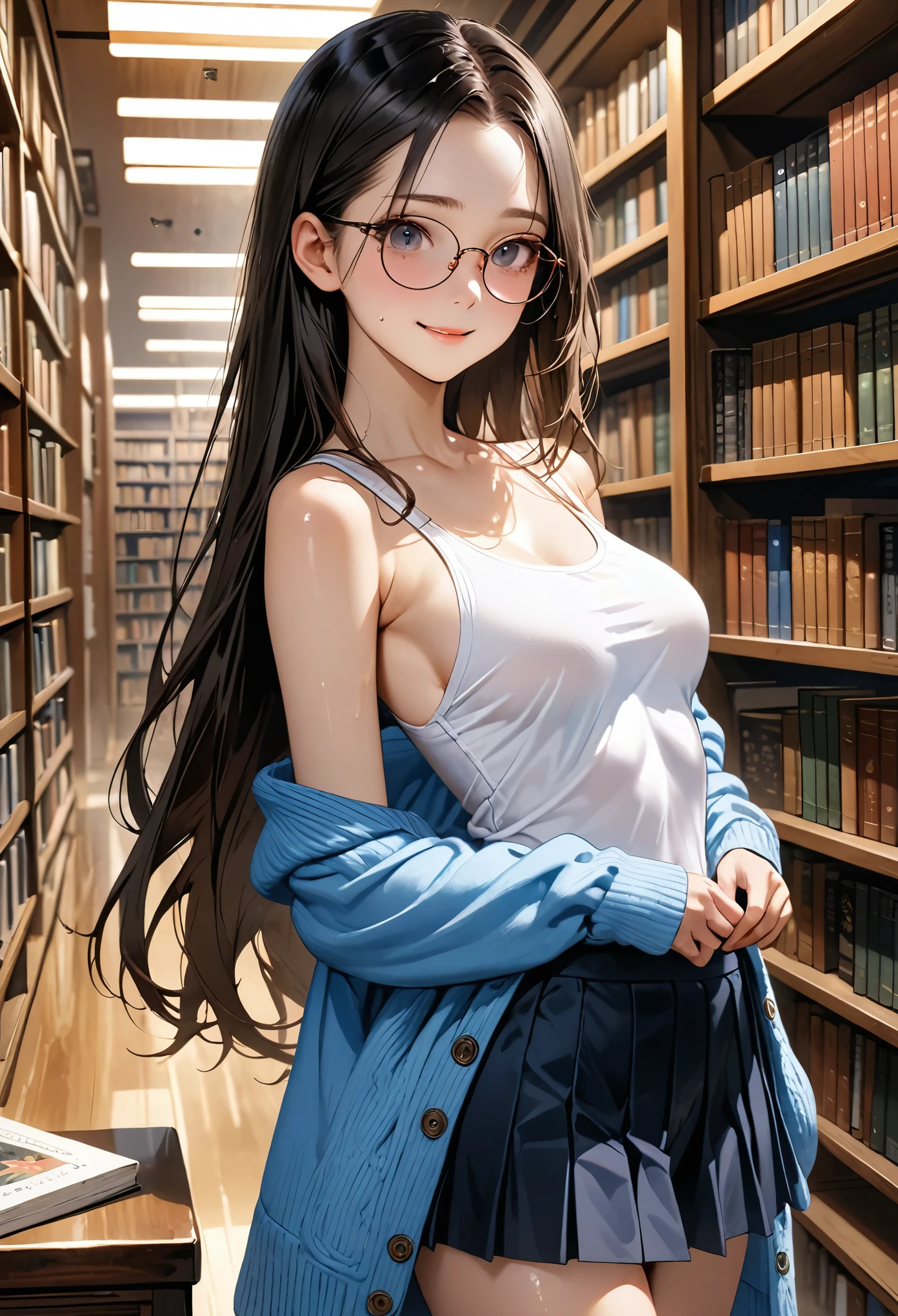 ((masterpiece,Highest quality;1.3,best illustration,realistic)),1woman、独奏,22 year old beauty,((very small head:1.1)),center parted bangs,forehead,black hair,long hair,black eyes,gorgeous eyes,Black-rimmed glasses、shy,smile,medium breasts,((very long body)),((toned body,slender body,skinny)),gleaming skin,shiny skin,oily skin,(oversized blue cardigan,Dark blue pleated mini skirt)、White tank top、library、Tokyo、