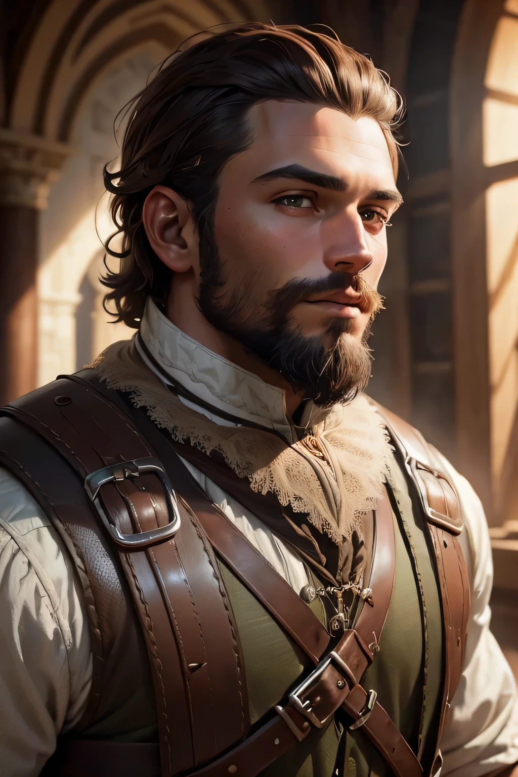 ((best qualityer)), ((work of art)), (detailded), 8K, 4K, hight contrast, work of art, 1 fantasy adventurer ,darkskin,chestnut hair , short beard, similar to the works of JRR Tolkien, clear lighting, detailed shadows