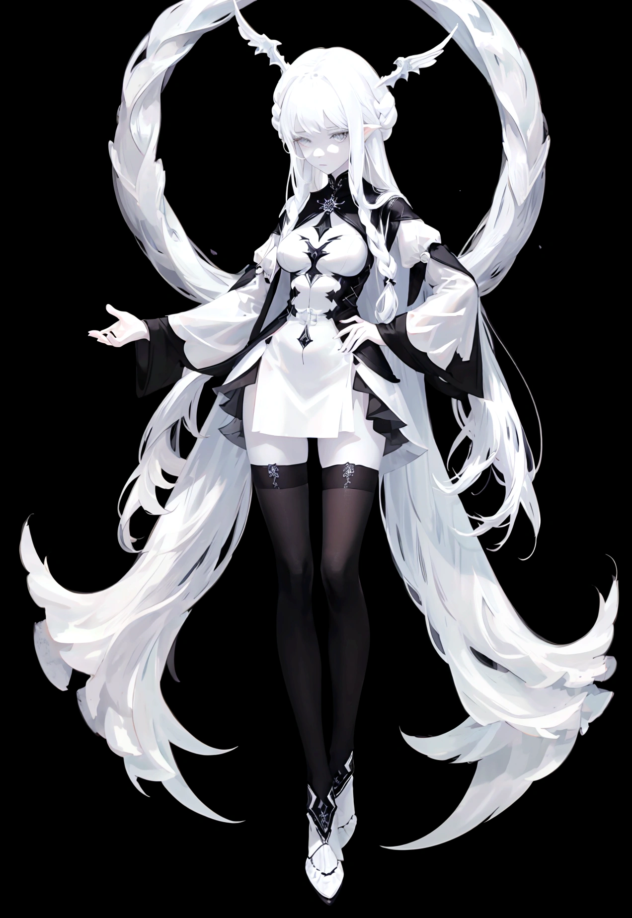 (masterpiece, best quality:1.4), solo focus, (full body:1.2), (medium breasts:1.2), very long hair, (black thighhighs:1.3), (silver hair:1.4), high heels, perfect anatomy, microskirt, fox ears, open shirt,