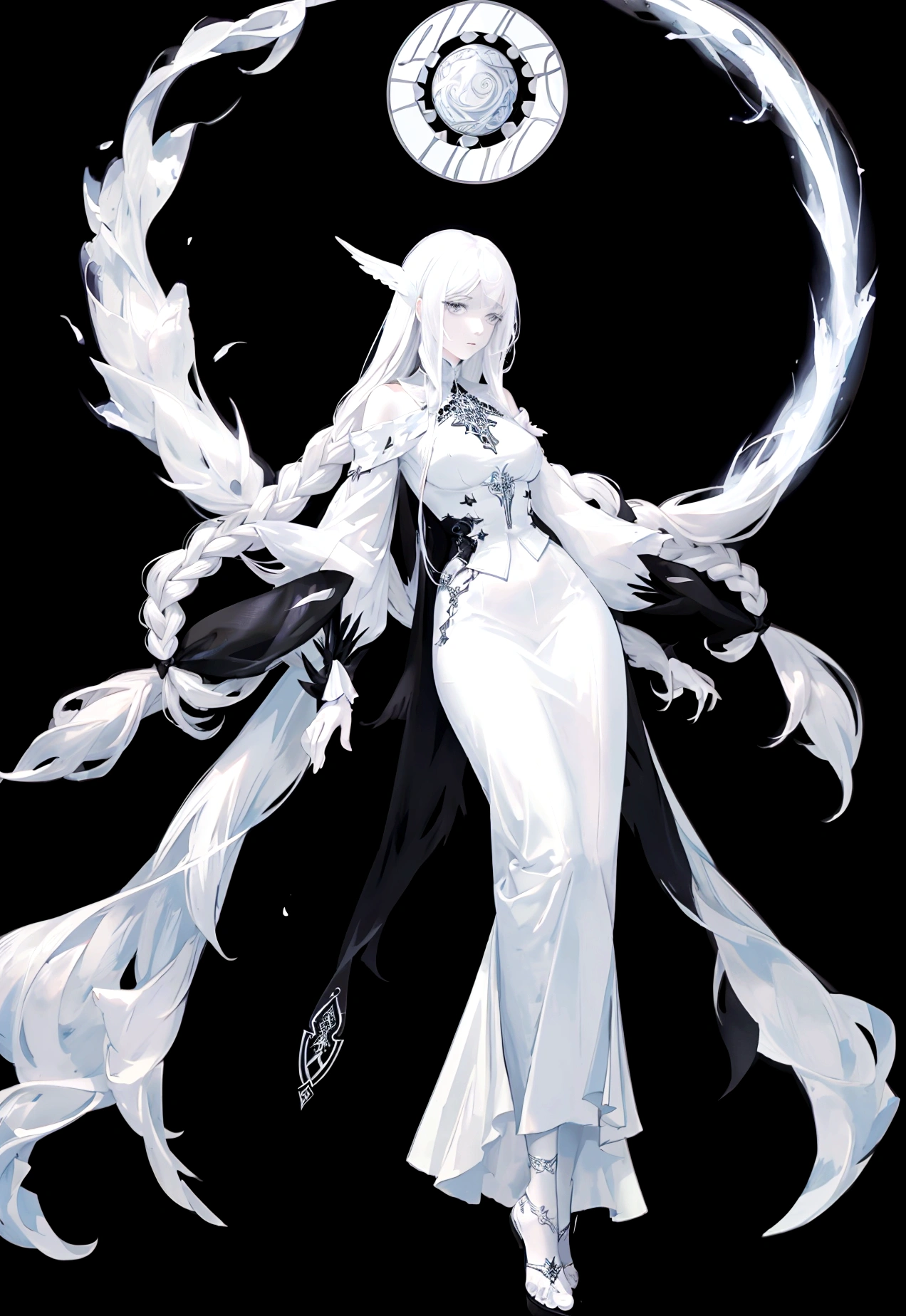 Character (human) (adult woman) (white long hair) (white witch-style clothing) (character dynamic pose) (full body) (black background)