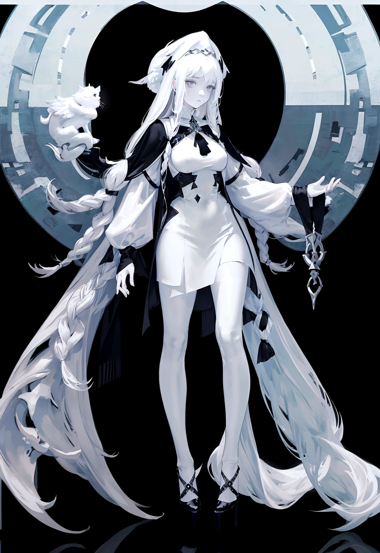 Character (human) (adult woman) (white long hair) (white witch-style clothing) (character dynamic pose) (full body) (black background)