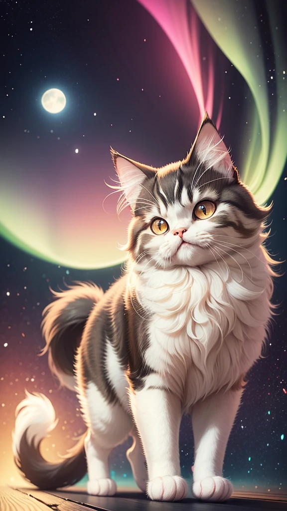 Cute Persian cat, illustration, No background, Japanese cartoons,Calico cat walking in the aurora
