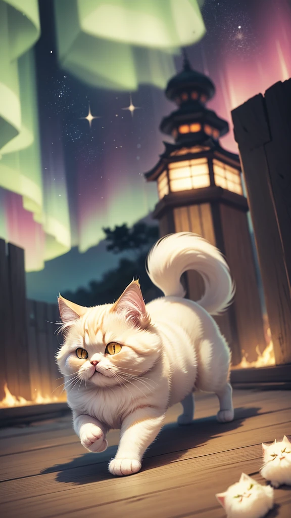 Cute Persian cat, illustration, No background, Japanese cartoons,Calico cat walking in the aurora