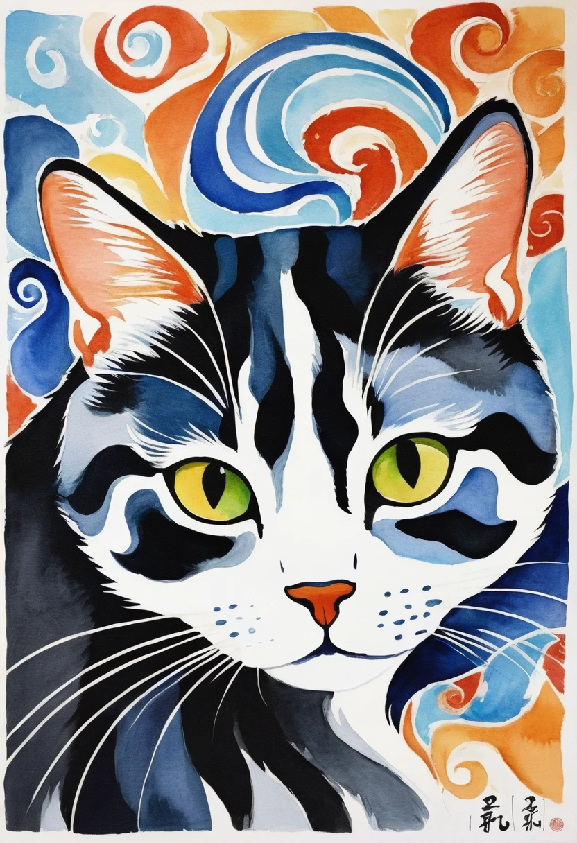 different color of cat's  eyes，CatCat有不同颜色的两只眼睛，painting of a Cat with a swirly tail, Cat. Cat非常非常漂亮的毛茸茸的艺术