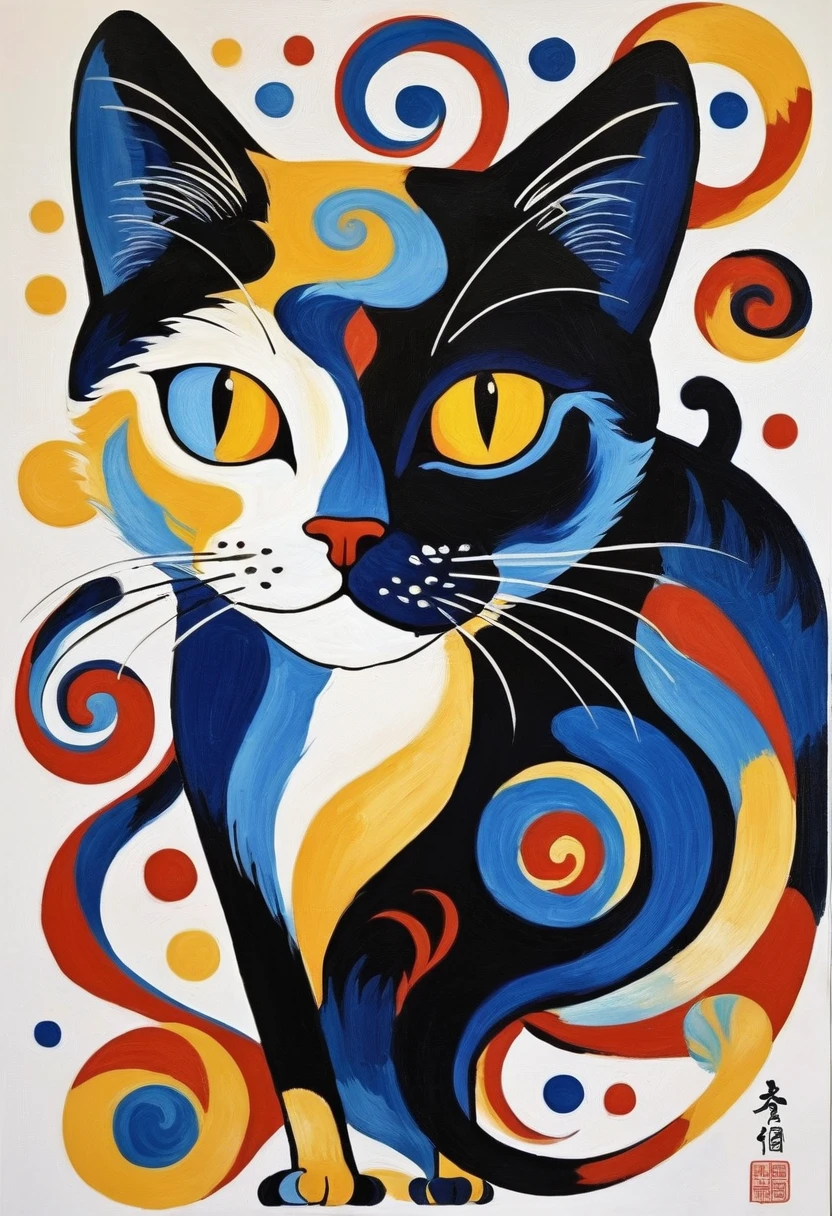 different color of cat's  eyes，CatCat有不同颜色的两只眼睛，painting of a Cat with a swirly tail, Cat. Cat非常非常漂亮的毛茸茸的艺术