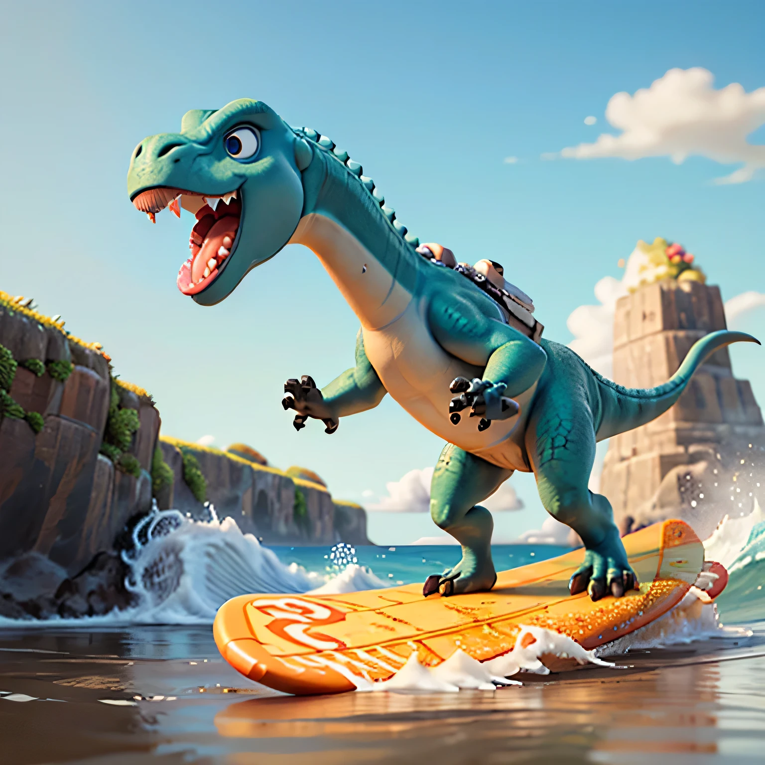 ((best quality)), ((masterpiece)), (detailed),Dinosaur, Brontosaurus, blue, surf, surfing big wave, one surfboard, surfing, Blue longboard, sunny day, realistic cartoon, eating ice cream, line water, pipeline waves, hawaii
