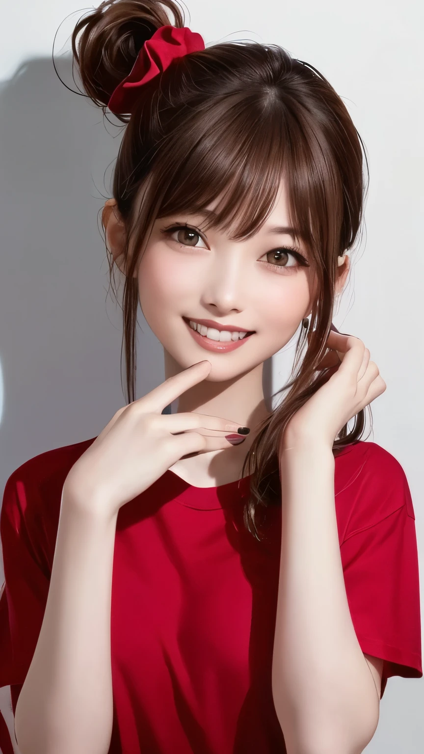 (Highest quality、8K、32k、masterpiece)、(Realistic)、(Realistic:1.2)、(High resolution)、Very detailed、Very beautiful face and eyes、1 Girl、Round and small face、Tight waist、Delicate body、(Highest quality、Attention to detail、Rich skin detail)、(Realistic、Realistic:1.37)、Bright colors、(((Brown Hair)))、(((Upper Body Shot)))、(((Medium Hair)))、(((Fair skin)))、(((White wall background)))、(((White wall background)))、(((smile)))、(((Teeth are visible)))、(((Salute)))、(((wearing a red t-shirt)))、(((T-shirt with apple design)))、(((Side Ponytail)))、(((Yellow scrunchie)))