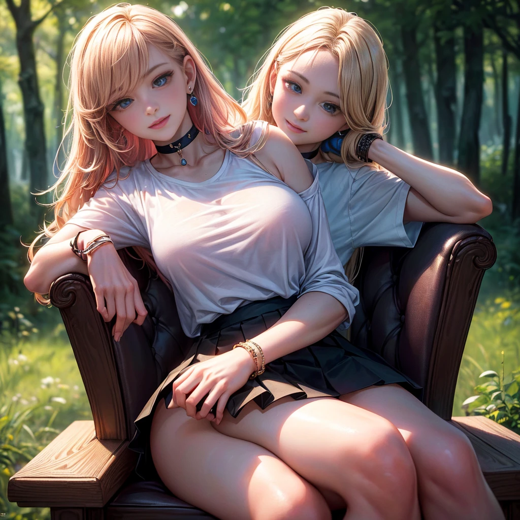 (1 girl, smiling, sitting on a chair, outdoor, forest background, blurred background, human hands, black mini skirt, white t-shirt, pink long hair, beautiful face, blue eyes, choker, bracelet, earrings, medium breasts:1.2, ideal female body, flawless anatomy, flawless hands, best quality,4k,8k,highres,masterpiece:1.2,ultra-detailed,realistic,photorealistic,photo-realistic:1.37,HDR,UHD,studio lighting,ultra-fine painting,sharp focus,physically-based rendering,extreme detail description,professional,vivid colors,bokeh,portrait)