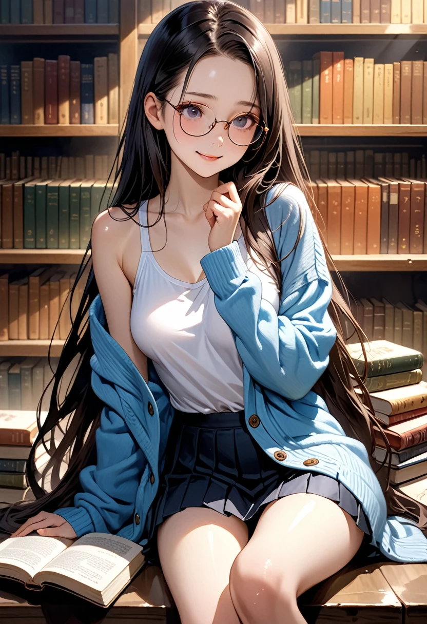 ((masterpiece,Highest quality;1.3,best illustration,realistic)),1woman、独奏,22 year old beauty,((very small head:1.1)),center parted bangs,forehead,black hair,long hair,black eyes,gorgeous eyes,Black-rimmed glasses、shy,smile,medium breasts,((very long body)),((toned body,slender body,skinny)),gleaming skin,shiny skin,oily skin,(oversized blue cardigan,Dark blue pleated mini skirt)、White tank top、sitting,I read a book、library、Tokyo、