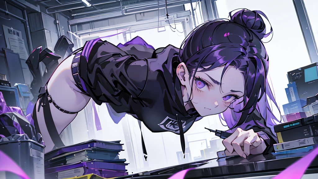 boy. thoughtful look. open forehead. black and purple hair tied in a bun on the left side to one side. sinuous black horns wrapped in dark purple ribbon. pale violet eyes. in short dark purple shorts. long white T-shirt. dark purple knee-high socks. dark purple long cloak with hood. view from the 100th floor of a cozy gray room