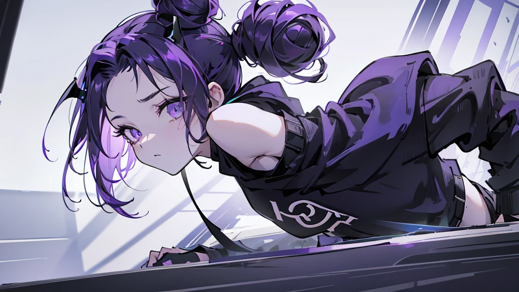 boy. thoughtful look. open forehead. black and purple hair tied in a bun on the left side to one side. sinuous black horns wrapped in dark purple ribbon. pale violet eyes. in short dark purple shorts. long white T-shirt. dark purple knee-high socks. dark purple long cloak with hood. view from the 100th floor of a cozy gray room