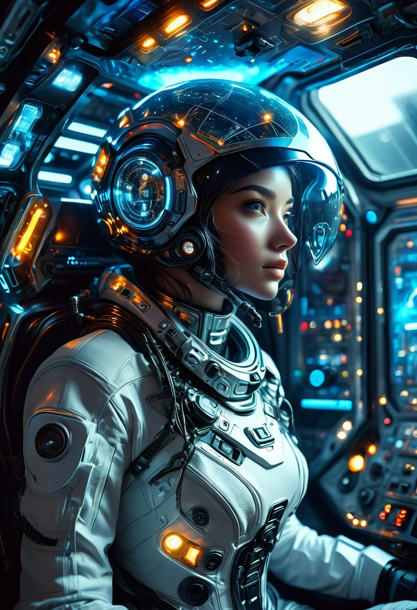 a futuristic astronaut in a space capsule, Control panel, high-tech interior, metal and glass materials, atmospheric lighting, dramatic cinematic composition, intricate details, photorealistic, concept art style,Professionalism。helmet。