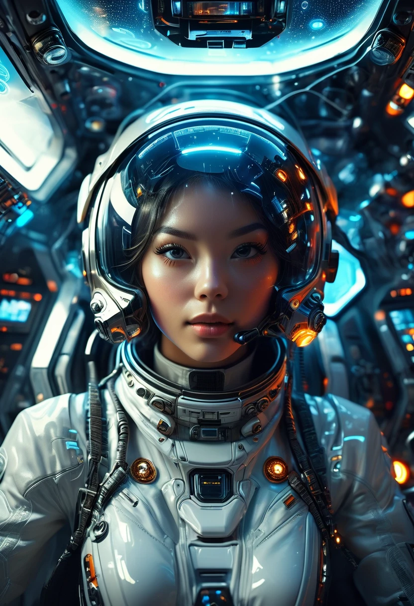 a futuristic astronaut in a space capsule, Control panel, high-tech interior, metal and glass materials, atmospheric lighting, dramatic cinematic composition, intricate details, photorealistic, concept art style,Professionalism。helmet。
