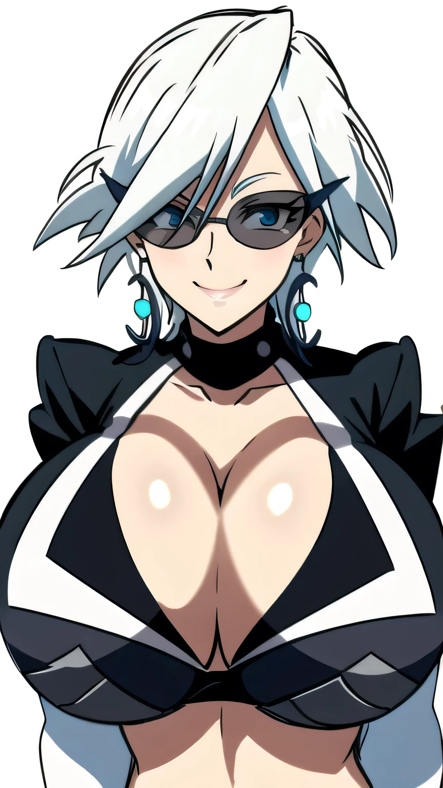 gigantic breasts,bursting breasts,cleavage cutout,cute smile,shy,walk around city ,masterpiece, best quality, 1girl, mii, blonde hair, short hair, blue eyes, earrings, necklace, dark skin, bikini, large breasts, cleavage, upper body, smile, sketch, looking at viewer, ,wear sun glasses