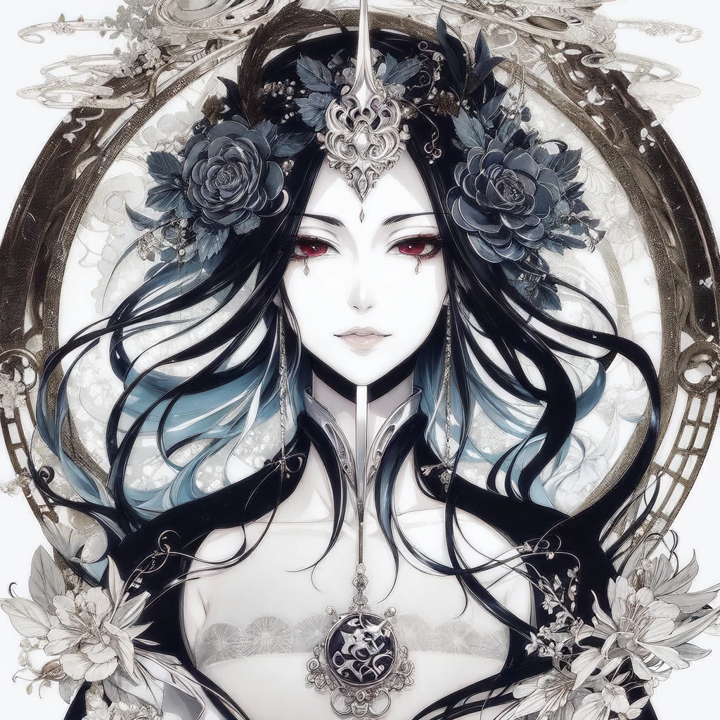 Art by Unohana kempachi, with sexy droopy eyes, and your mouth with a longer, softer smile in a sexy way, hair with parts painted in blood, Strong Red. And with big breasts