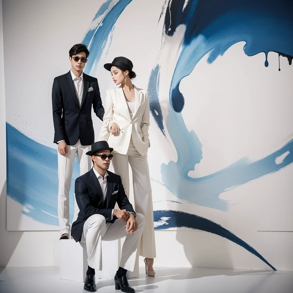 A captivating watercolor featuring a fashionably dressed man with an air of sophistication together with his stunningly beautiful female partner. He dons a casual yet elegant outfit, consisting of a tailored suit, a stylish hat, and a pair of sunglasses. She is dressed on white pants and elegant jacket with high heals. The background is a mesmerizing blend of ink splashes, creating a modern and artistic atmosphere. The playful ink splatters intermingle with the painting's splendor, showcasing a harmonious balance between style and creativity. The couples confident pose and the artist's skillful brushwork come together to create an image of unrivaled elegance and refinement., illustration, fashion, painting, photo