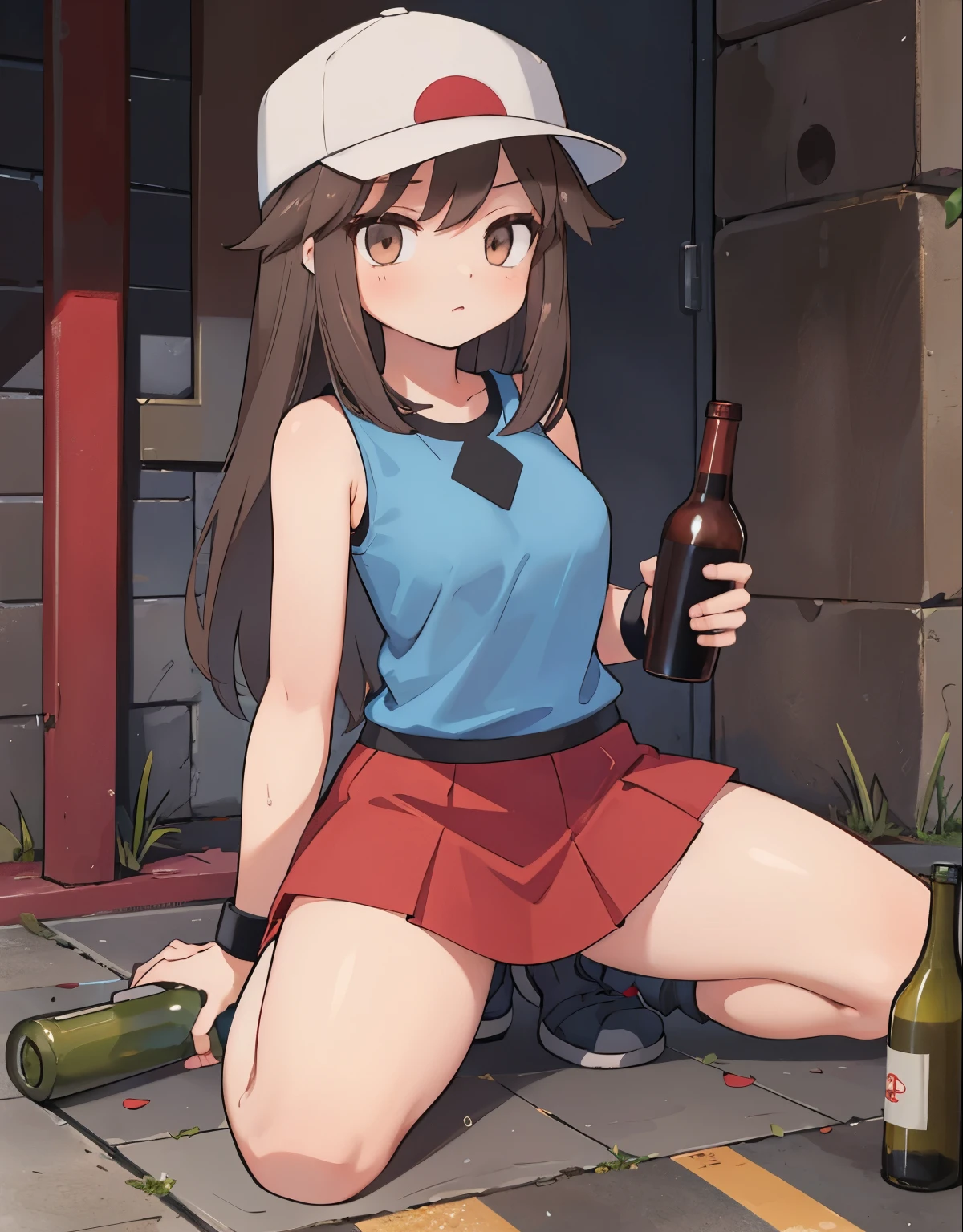 pokemon leaf, visible thighs, red skirt, blue shirt, brown eyes, loose socks, white footwear, upskirt, white panties, body shape, chubby thighs, scared, lying on the floor, in a dark cave, crying, pull panties, penis, sex, anal, gagged, drunk, beer bottles, long legs, nsfw