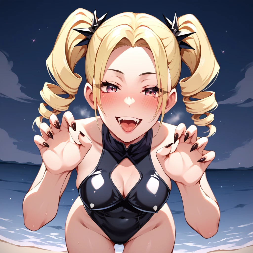 ager, 1girl, Blonde hair, Twin drills hair, solo, seductive smile, grin, nsfw, Villains, Bending forward, claw pose, Raise arms, Open mouth, blush, aroused, in heat, chest, View your audience, monochrome, Beach, night, Dark, latex leotard, dramatic angle, unique perspective, unique angle, masterpiece, Top animation quality,Top image quality,
