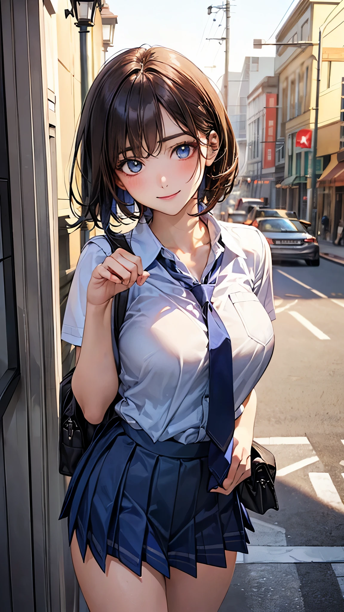 (masterpiece:1.2, top-quality), (realistic, photorealistic:1.4), beautiful illustration, (natural side lighting, movie lighting), nsfw, 
looking at viewer, 1 girl, japanese, high school girl, ((girl with a sparrow on her hand)), perfect face, cute and symmetrical face, shiny skin, 
(short hair:1.8, lob hair:1.3, light browm hair), bangs, blue eyes, slant eyes, big eyes, long eye lasher, (large breasts:0.8, thick thighs), slender, 
beautiful detailed hair, beautiful detailed face, beautiful detailed eyes, beautiful clavicle, beautiful body, beautiful chest, beautiful thigh, beautiful legs, beautiful fingers, 
(private school uniform:1.2, blue pleated skirt, light blue tie), socks, 
(beautiful scenery), dawn, (lamp post, downtown), standing, fist pump, (lovely smile, upper eyes), 