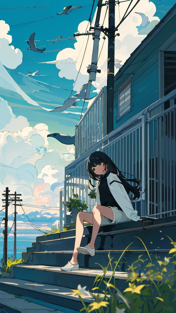 masterpiece, Exquisite detail,Highest quality, One girl, alone, handrail, cloud, Sitting, Outdoor, whale, Long Hair, shoes, null, Long sleeve, sneakers, Power lines, White footwear, Black Hair, View your viewers, Electric pole, bangs, cloudy null, fish, bird, Green Eyes, Shorts, animal, Day, Black Shirt, barefoot