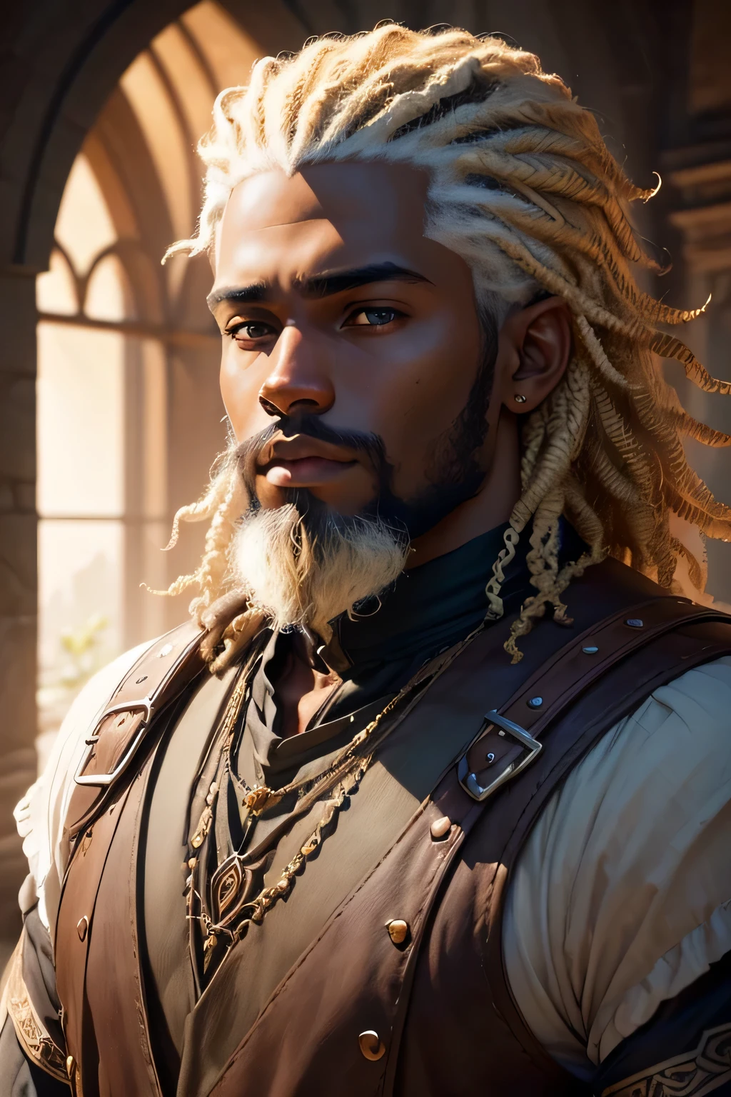 ((best qualityer)), ((work of art)), (detailded), 8K, 4K, hight contrast, work of art, 1 fantasy adventurer  ,darkskin,curly blonde hair , short beard, similar to the works of JRR Tolkien, clear lighting, detailed shadows 
