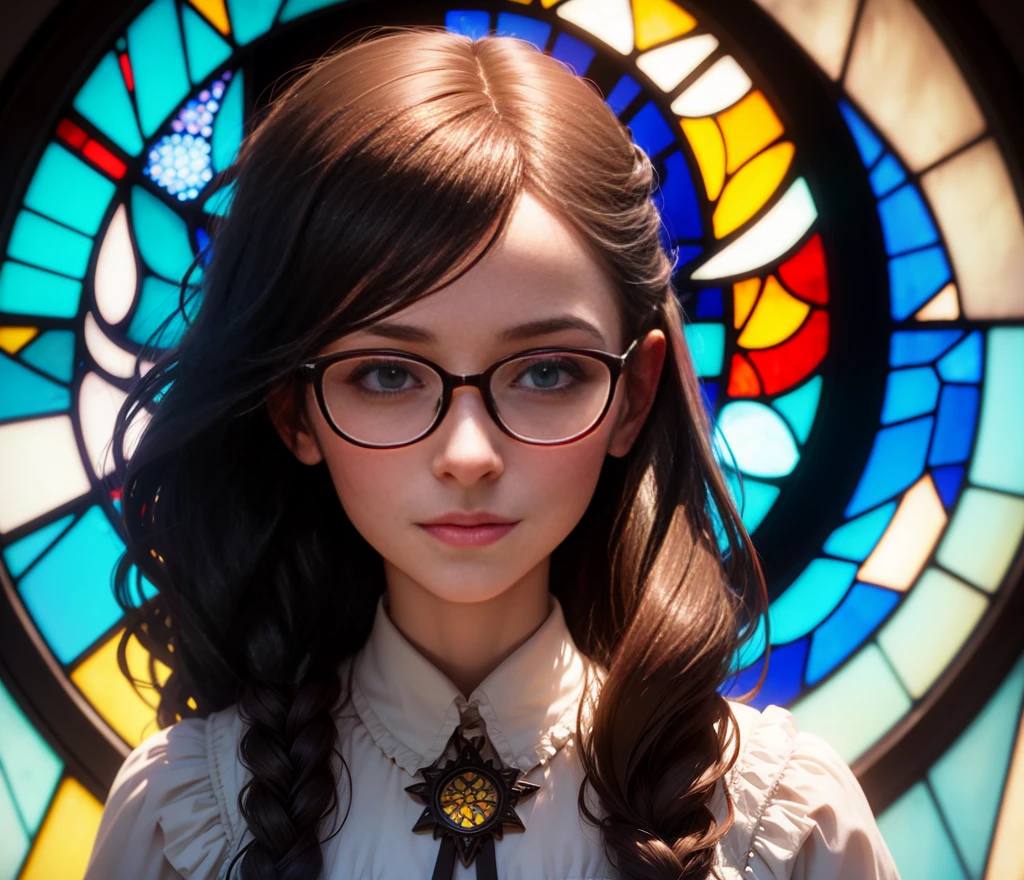 stained glass, woman glasses, girl, detail, high definition, 4k, balanced, bright, contrast, 