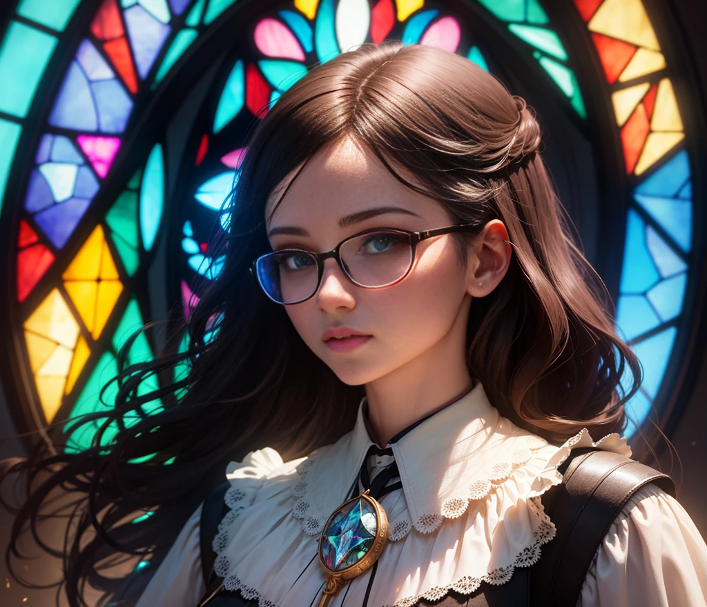 stained glass, woman glasses, girl, detail, high definition, 4k, balanced, bright, contrast, 