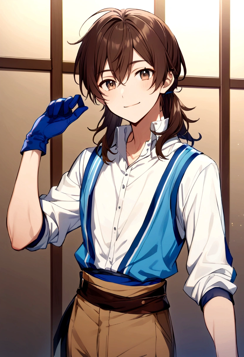 Teenage boy, Medium length hair, dark brown hair, eyes browns, Simple smile, white shirt, blue blouse tied at the waist, Brown pants, blue gloves.
