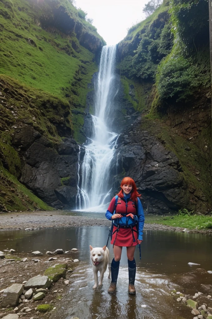 chris Eclear waterfall Flooding In Torrance from 35 feet high Irish Vibrant red hair girl "She's very tall In a Hiking Gear, Standing knee high Blue in water of crystal blue colour with two white little dogs Give this picture an Irish feel of an Irish countryside