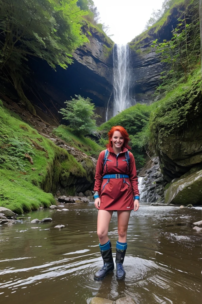 chris Eclear waterfall Flooding In Torrance from 35 feet high Irish Vibrant red hair girl "She's very tall In a Hiking pants and top in the colour of Brown khaki Gear, Standing knee high Blue in water of crystal blue colour with two white little dogs Give this picture an Irish feel of an Irish countryside