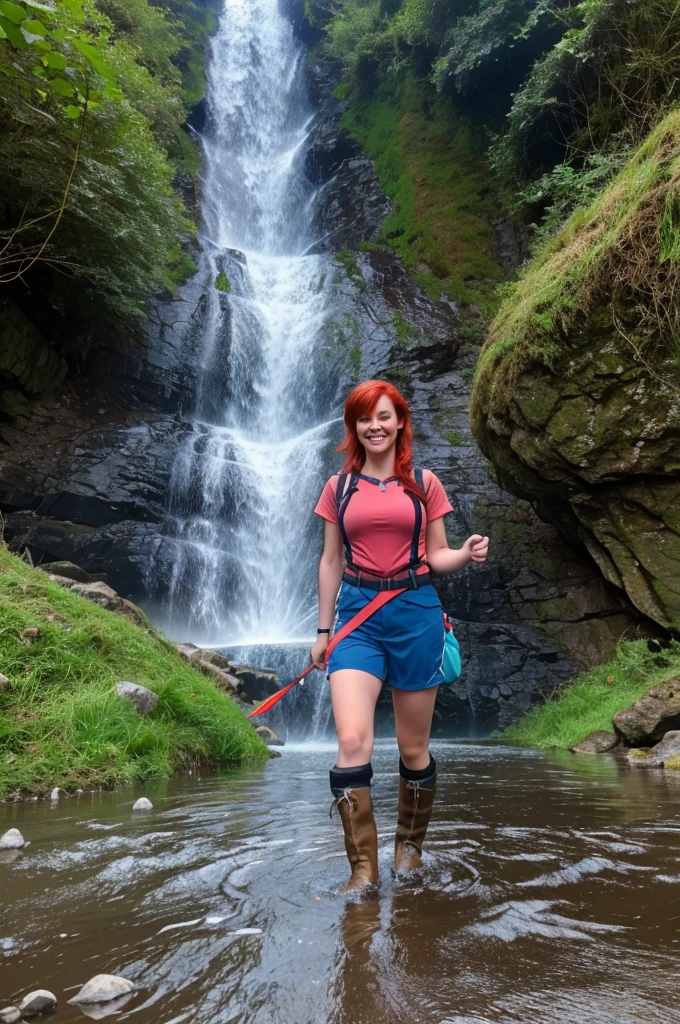 chris Eclear waterfall Flooding In Torrance from 35 feet high Irish Vibrant red hair girl "She's very tall In a Hiking Gear, Standing knee high Blue in water of crystal blue colour with two white little dogs Give this picture an Irish feel of an Irish countryside
