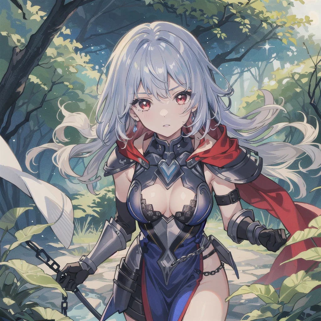 A girl is posing for a photo, cute女の子, Enchanting girl, Anime Girls, (Light purple hair、Wavy Hair、Twin Drill), (Red eyes, Droopy eyes), ((Dark Skin)), break (((Silver Armor、Lower body armor、Chain Mail、Jeweled Breastplate、Gauntlet、Shingard、Red Cape)))、 (((Highest quality)), ((masterpiece)), (Very detailed), (High resolution), (Beautiful sparkle), (High detail), (Anatomically correct)), ((Realistic)), ((The best CG)), Highly detailed art, CG illustration, 16K, 1080P, Oil paints:1.2, (((One Girl))), (Symmetrical facial features, Perfect Face), Beautiful clavicle, (Beautiful fingers), (Beautiful breasts, (Ccup)), Beautiful body, Beautiful thighs, Beautiful legs, Perfect round ass, (((Detailed skin, Oily skin, Textured skin, Beautiful Skin))), (((Baby Face, cute, ))), double eyelid, Long eyelashes, (Expression of fine eyes, Beautiful and delicate eyes, Sparkling eyes, Eye Reflexes), (Beautiful Nose,Thin Nose), (Glossy Lips, Beautiful Lips, Thick lips), (Beautiful Hair, Shiny Hair, Shiny Hair), Hair fluttering), (Serious expression), break (noon、(Fantasy World、in the forest)), ((walking、Cowboy Shot))