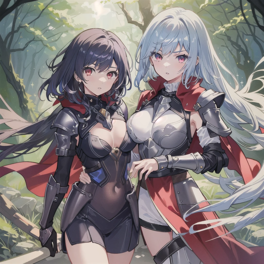 A girl is posing for a photo, cute女の子, Enchanting girl, Anime Girls, (Light purple hair、Wavy Hair、Twin Drill), (Red eyes, Droopy eyes), ((Dark Skin)), break (((Silver Armor、Lower body armor、Chain Mail、Jeweled Breastplate、Gauntlet、Shingard、Red Cape)))、 (((Highest quality)), ((masterpiece)), (Very detailed), (High resolution), (Beautiful sparkle), (High detail), (Anatomically correct)), ((Realistic)), ((The best CG)), Highly detailed art, CG illustration, 16K, 1080P, Oil paints:1.2, (((One Girl))), (Symmetrical facial features, Perfect Face), Beautiful clavicle, (Beautiful fingers), (Beautiful breasts, (Ccup)), Beautiful body, Beautiful thighs, Beautiful legs, Perfect round ass, (((Detailed skin, Oily skin, Textured skin, Beautiful Skin))), (((Baby Face, cute, ))), double eyelid, Long eyelashes, (Expression of fine eyes, Beautiful and delicate eyes, Sparkling eyes, Eye Reflexes), (Beautiful Nose,Thin Nose), (Glossy Lips, Beautiful Lips, Thick lips), (Beautiful Hair, Shiny Hair, Shiny Hair), Hair fluttering), (Serious expression), break (noon、(Fantasy World、in the forest)), ((walking、Cowboy Shot))