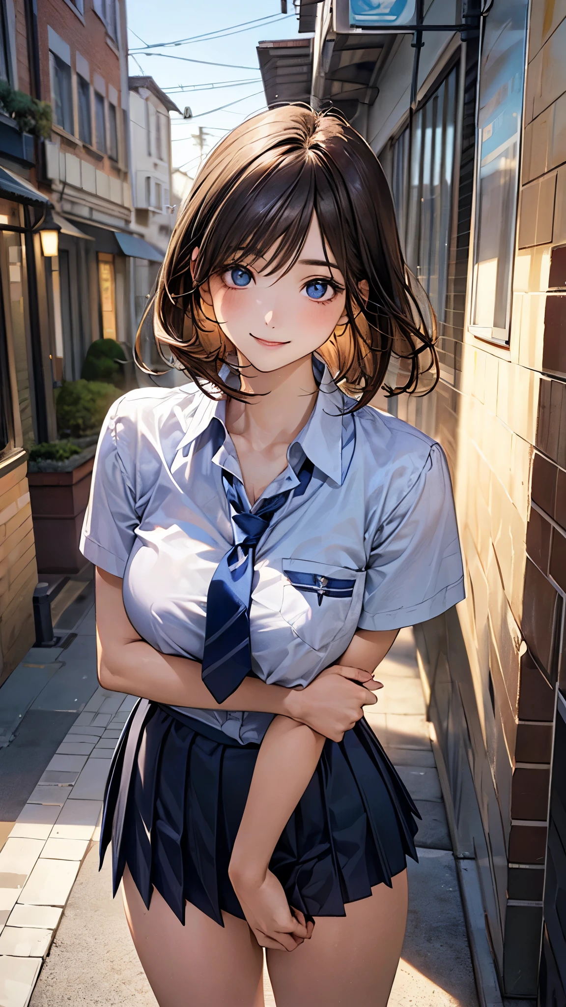 (masterpiece:1.2, top-quality), (realistic, photorealistic:1.4), beautiful illustration, (natural side lighting, movie lighting), nsfw, 
looking at viewer, 1 girl, japanese, high school girl, ((girl with a sparrow on her hand)), perfect face, cute and symmetrical face, shiny skin, 
(short hair:1.8, lob hair:1.3, light browm hair), bangs, blue eyes, slant eyes, big eyes, long eye lasher, (large breasts:0.8, thick thighs), slender, 
beautiful detailed hair, beautiful detailed face, beautiful detailed eyes, beautiful clavicle, beautiful body, beautiful chest, beautiful thigh, beautiful legs, beautiful fingers, 
(private school uniform:1.2, blue pleated skirt, light blue tie), socks, 
(beautiful scenery), dawn, (lamp post, downtown), standing, fist pump, (lovely smile, upper eyes), 