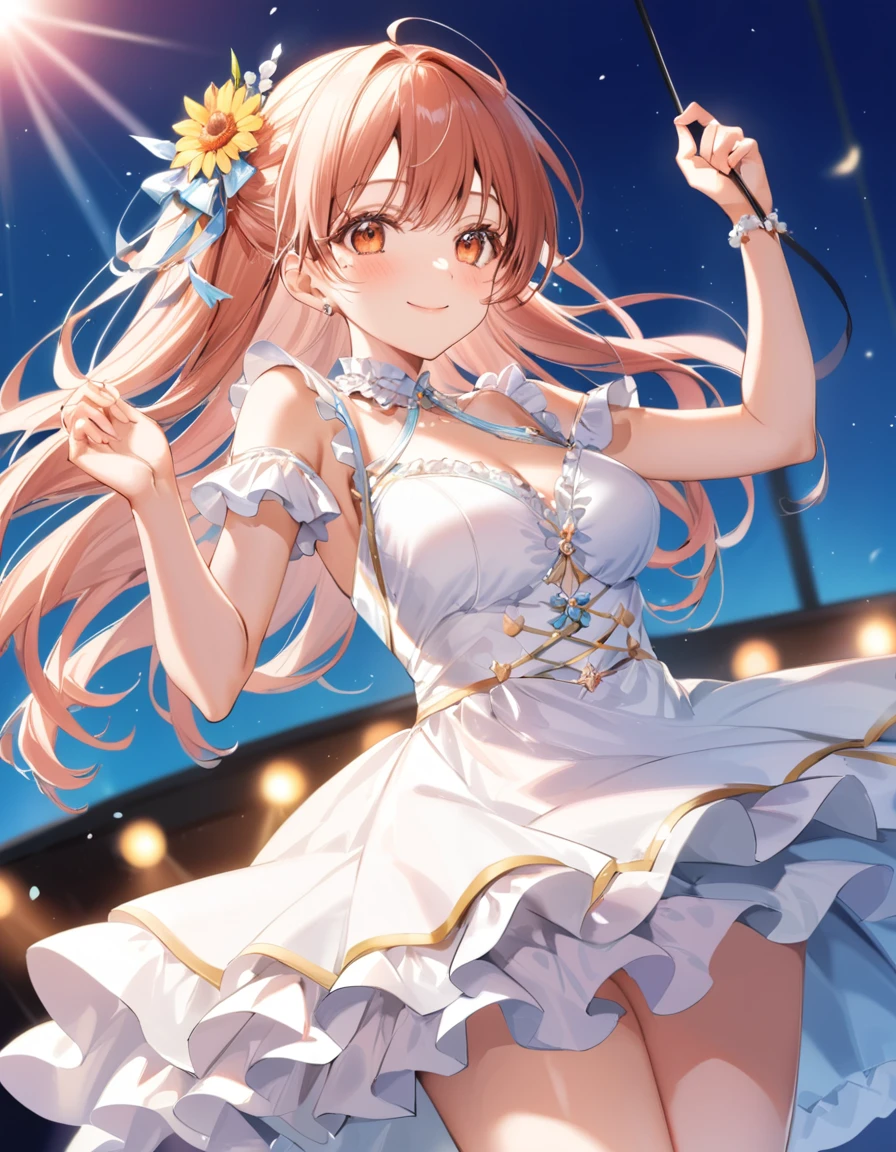 dynamic angle, (close up face), a ultra detailed beautiful moe anime, frilly stage dress, summer frilly idol is filled with the vitality of a summer festival. On stage, she sings and dances energetically, swinging her frilly skirt. Under the blazing sun, her smile captivates the audience, and its brightness surpasses even the summer sunshine. Her performance makes the audience’s hearts leap and makes them forget about the heat.