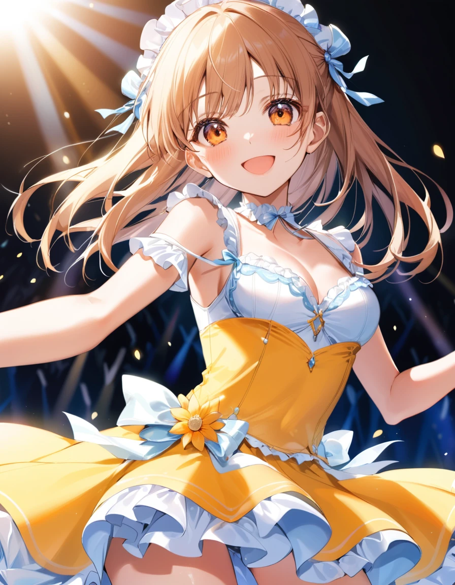 dynamic angle, (close up face), a ultra detailed beautiful moe anime, frilly stage dress, summer frilly idol is filled with the vitality of a summer festival. On stage, she sings and dances energetically, swinging her frilly skirt. Under the blazing sun, her smile captivates the audience, and its brightness surpasses even the summer sunshine. Her performance makes the audience’s hearts leap and makes them forget about the heat.