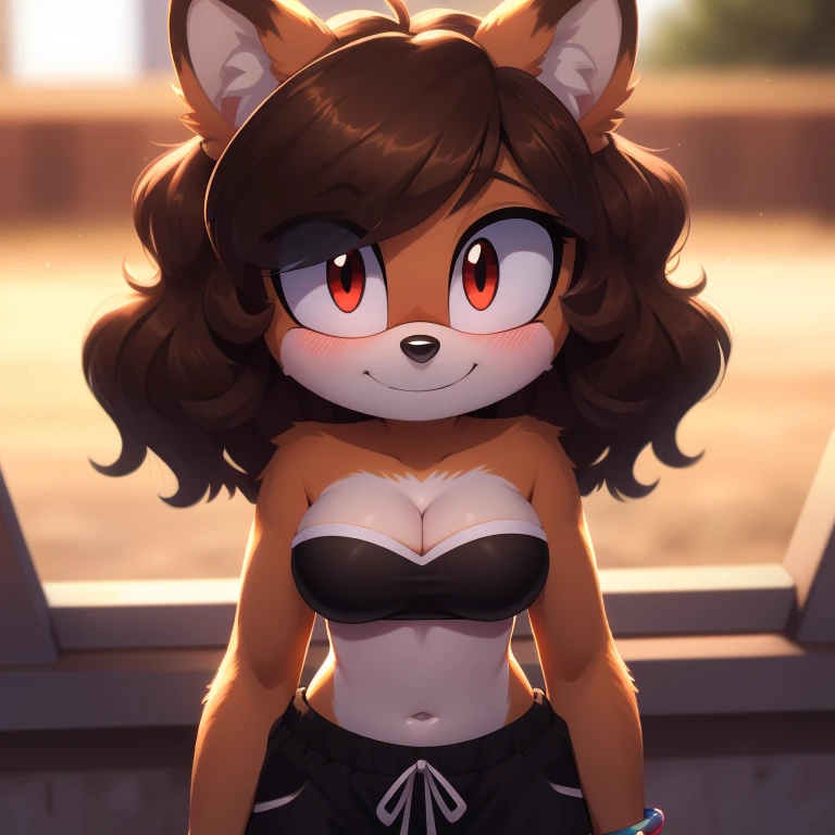 mobian, solo, hedgehog, two-tone fur ((orange fur, brown fur)), strapless crop top, baggy pants, cleavage, two-tone hair (brown hair, black tip)), curly hair, halo, sunglasses, jewelry, red eyes, longeyelashes, red eyes, smile, shy, blush,  framed, stereogram, image fill, viewfinder, depth of field, high details, high detail, masterpiece, UHD, anatomically correct, super detail, highres, 4K