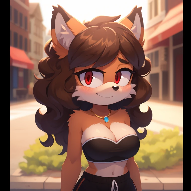 mobian, solo, hedgehog, two-tone fur ((orange fur, brown fur)), strapless crop top, baggy pants, cleavage, two-tone hair (brown hair, black tip)), curly hair, halo, sunglasses, jewelry, red eyes, longeyelashes, red eyes, smile, shy, blush,  framed, stereogram, image fill, viewfinder, depth of field, high details, high detail, masterpiece, UHD, anatomically correct, super detail, highres, 4K